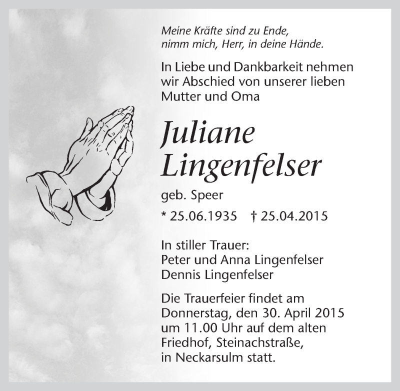  Traueranzeige für Juliane Lingenfelser vom 28.04.2015 aus 