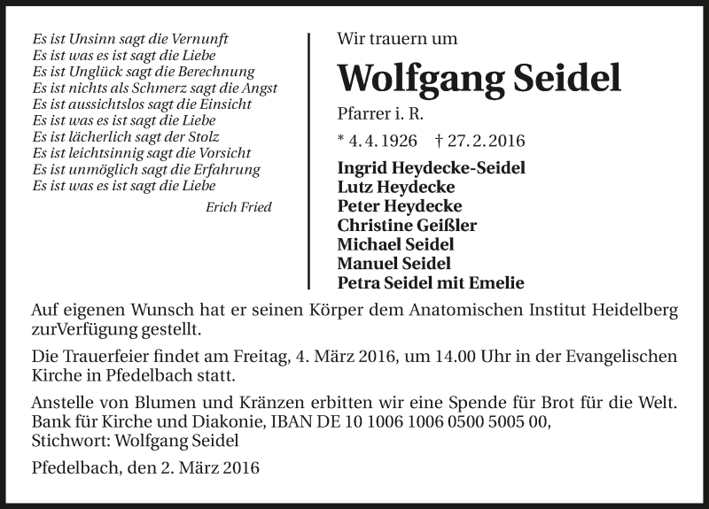  Traueranzeige für Wolfgang Seidel vom 02.03.2016 aus 