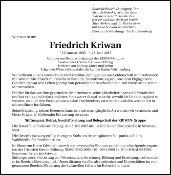 Traueranzeige von Friedrich Kriwan 