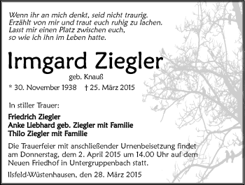 Traueranzeige von Irmgard Ziegler 