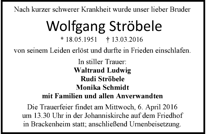  Traueranzeige für Wolfgang Ströbele vom 31.03.2016 aus 