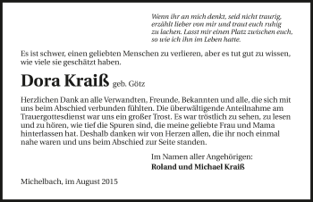 Traueranzeige von Dora Kraiß 