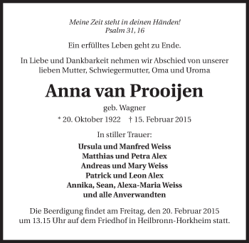 Traueranzeige von Anna van Prooijen 