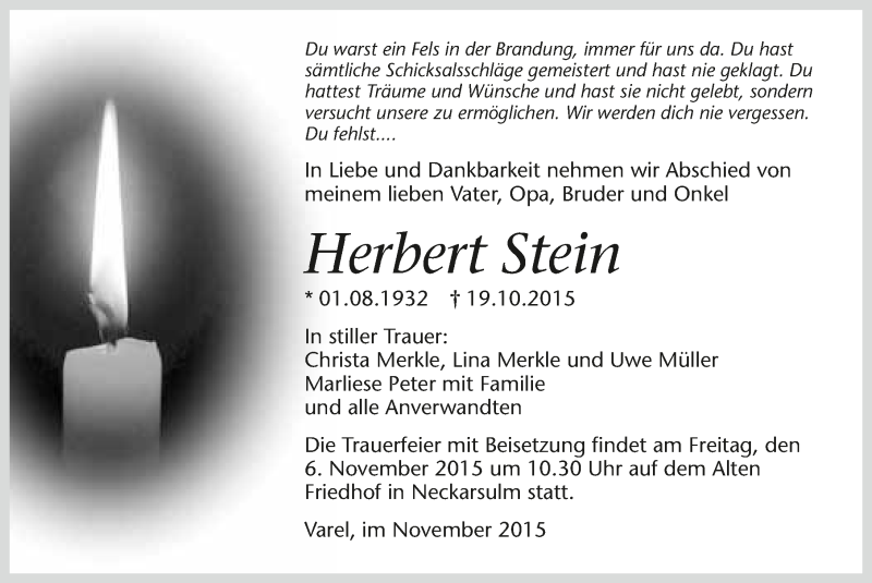  Traueranzeige für Herbert Stein vom 03.11.2015 aus 