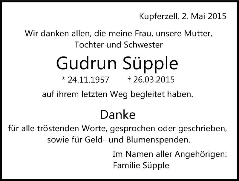  Traueranzeige für Gudrun Süpple vom 02.05.2015 aus 