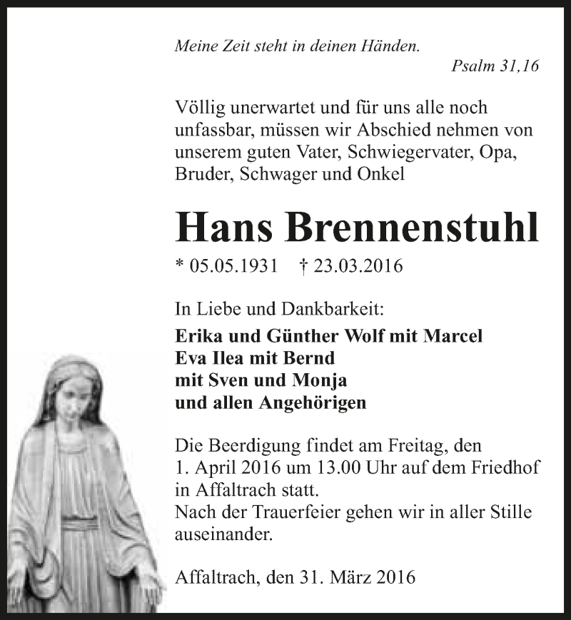  Traueranzeige für Hans Brennenstuhl vom 31.03.2016 aus 