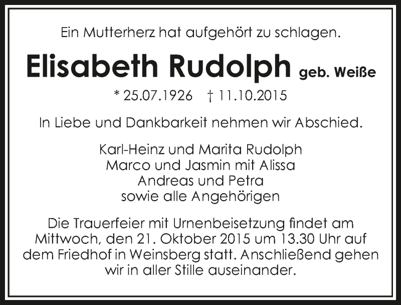  Traueranzeige für Elisabeth Rudolph vom 17.10.2015 aus 