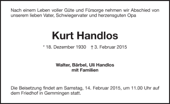 Traueranzeige von Kurt Handlos 