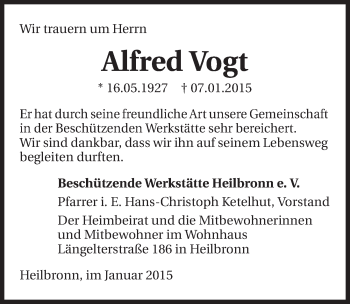Traueranzeige von Alfred Vogt 