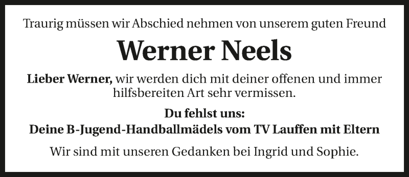  Traueranzeige für Werner Neels vom 23.01.2016 aus 