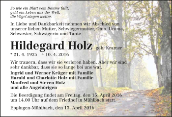Traueranzeige von Hildegard Holz 