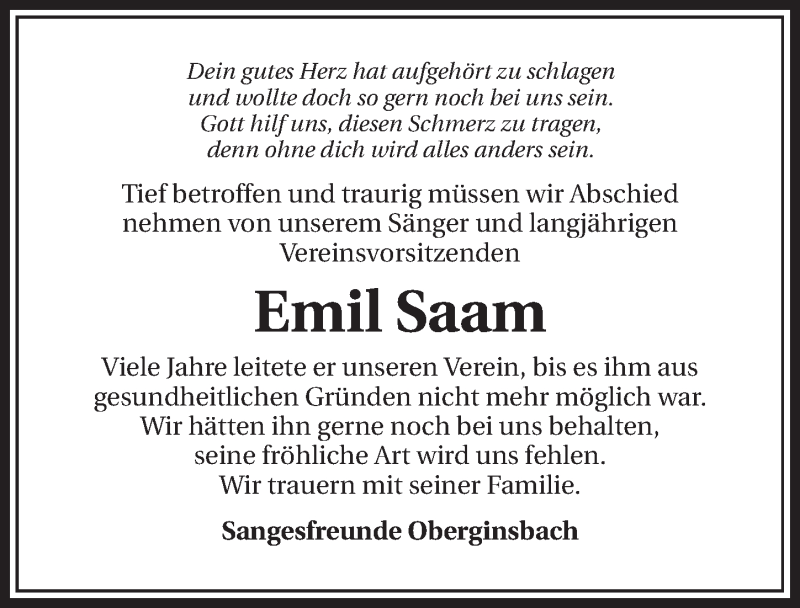  Traueranzeige für Emil Saam vom 08.04.2015 aus 