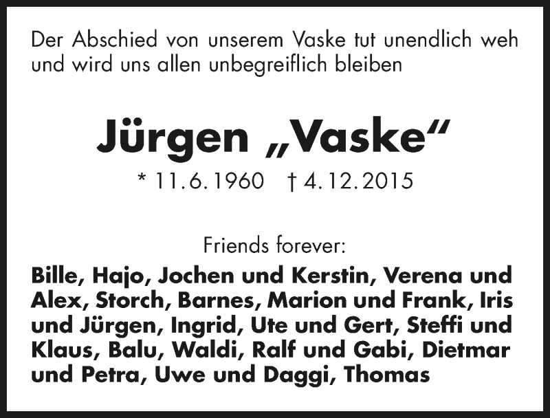  Traueranzeige für Jürgen Vaskovics vom 08.12.2015 aus 
