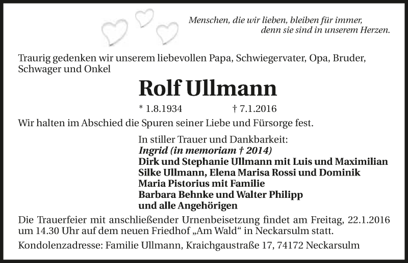  Traueranzeige für Rolf Ullmann vom 18.01.2016 aus 