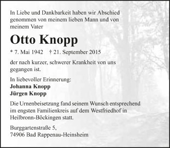 Traueranzeige von Otto Knopp 