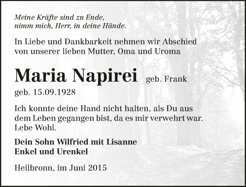  Traueranzeige für Maria Napirei vom 24.06.2015 aus 