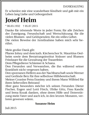 Traueranzeige von Josef Heim 