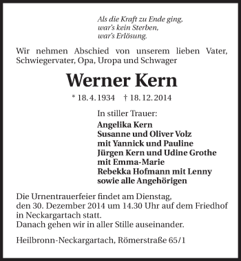 Traueranzeige von Werner Kern 