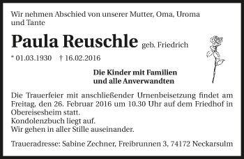 Traueranzeige von Paula Reuschle 