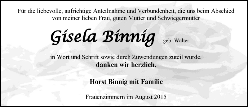  Traueranzeige für Gisela Binnig vom 15.08.2015 aus 