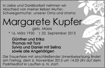 Traueranzeige von Margarete Kupfer 