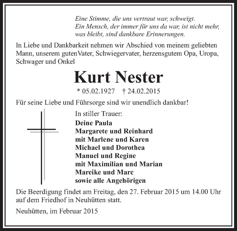  Traueranzeige für Kurt Nester vom 26.02.2015 aus 