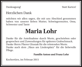 Traueranzeige von Maria Lohr 