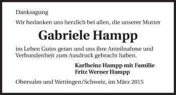 Traueranzeige von Gabriele Hampp 