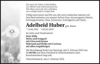 Traueranzeige von Adelheid Huber 