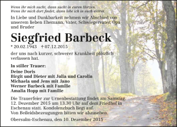 Traueranzeige von Siegfried Barbeck 