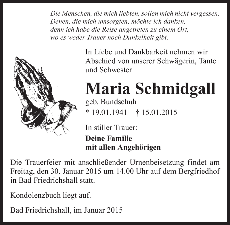  Traueranzeige für Maria Schmidgall vom 28.01.2015 aus 