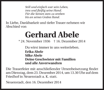 Traueranzeige von Gerhard Abele 