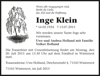 Traueranzeige von Inge Klein 
