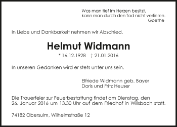Traueranzeige von Helmut Widmann 