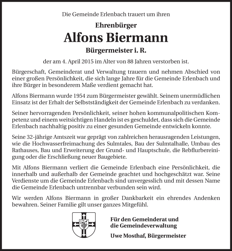  Traueranzeige für Alfons Biermann vom 09.04.2015 aus 