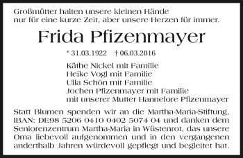 Traueranzeige von Frida Pfizenmayer 