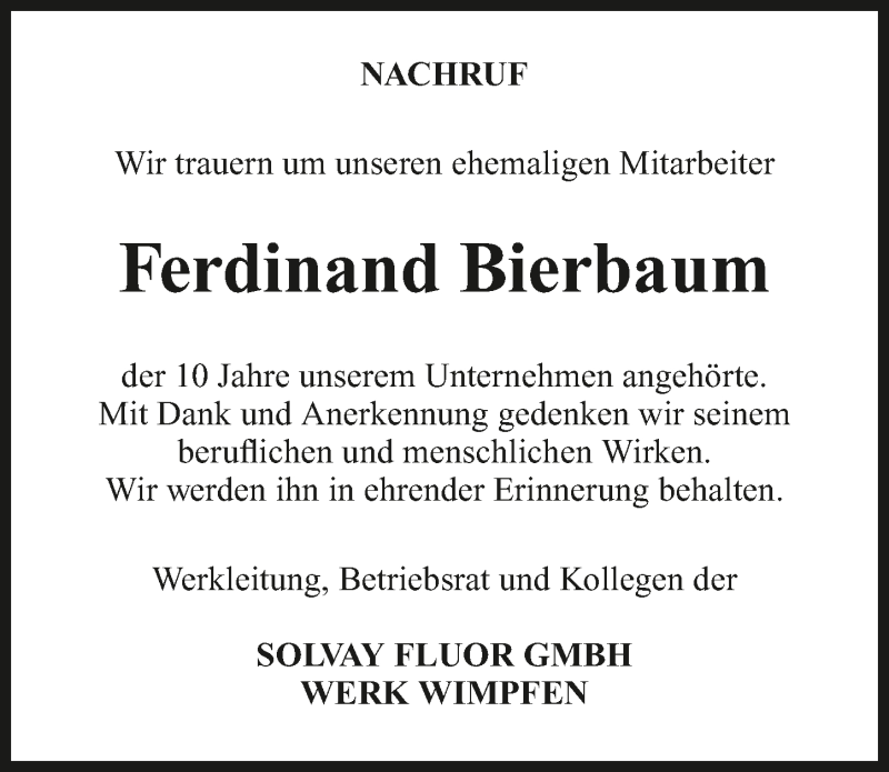  Traueranzeige für Ferdinand Bierbaum vom 30.05.2015 aus 