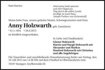 Traueranzeige von Anny Holzwarth 