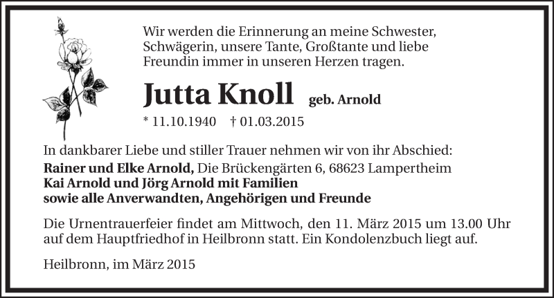  Traueranzeige für Jutta Knoll vom 06.03.2015 aus 