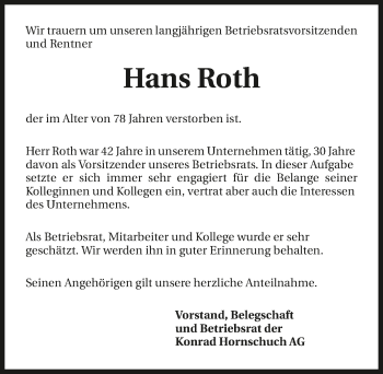 Traueranzeige von Hans Roth 