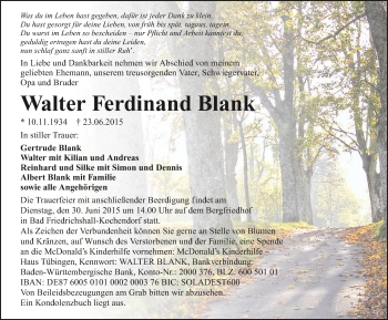 Traueranzeige von Walter Ferdinand Blank 