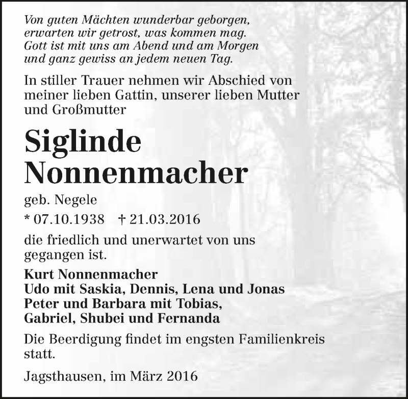  Traueranzeige für Siglinde Nonnenmacher vom 26.03.2016 aus 
