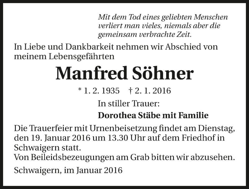  Traueranzeige für Manfred Söhner vom 14.01.2016 aus 