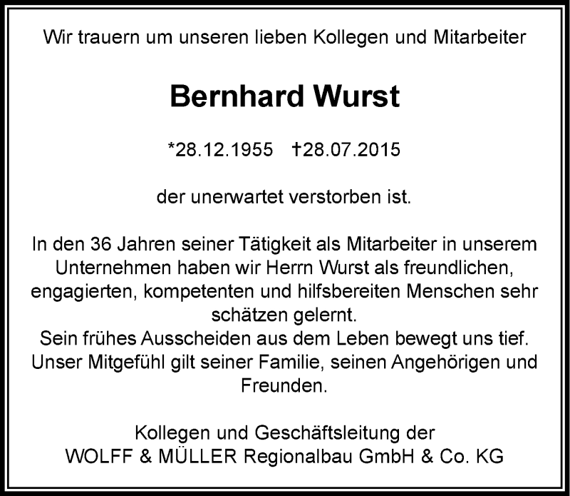  Traueranzeige für Bernhard Wurst vom 01.08.2015 aus 