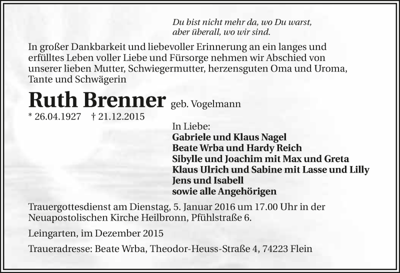  Traueranzeige für Ruth Brenner vom 24.12.2015 aus 