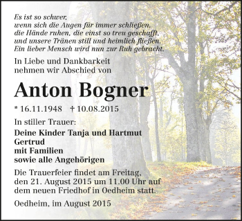 Traueranzeige von Anton Bogner 