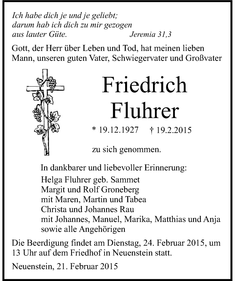  Traueranzeige für Friedrich Fluhrer vom 21.02.2015 aus 