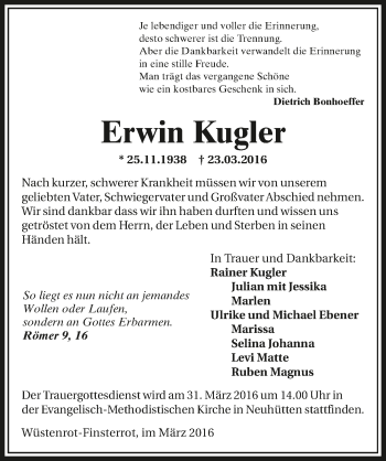 Traueranzeige von Erwin Kugler 