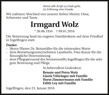 Traueranzeige von Irmgard Wolz 
