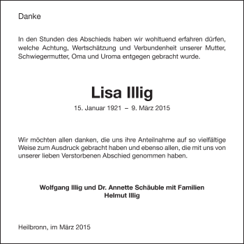 Traueranzeige von Lisa Illig 